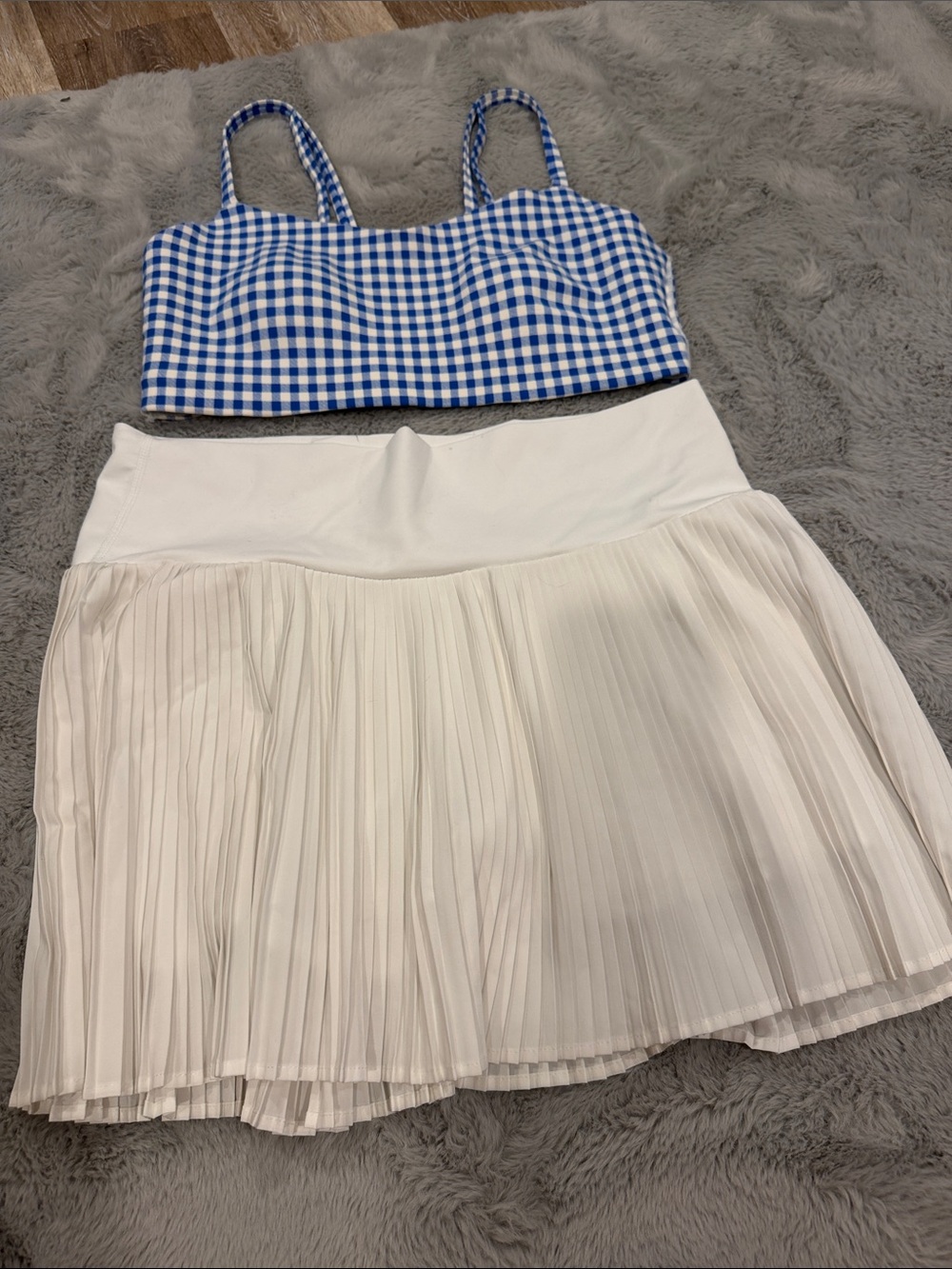 All in motion set Blue Gingham Crop Top with White Pleated Skirt